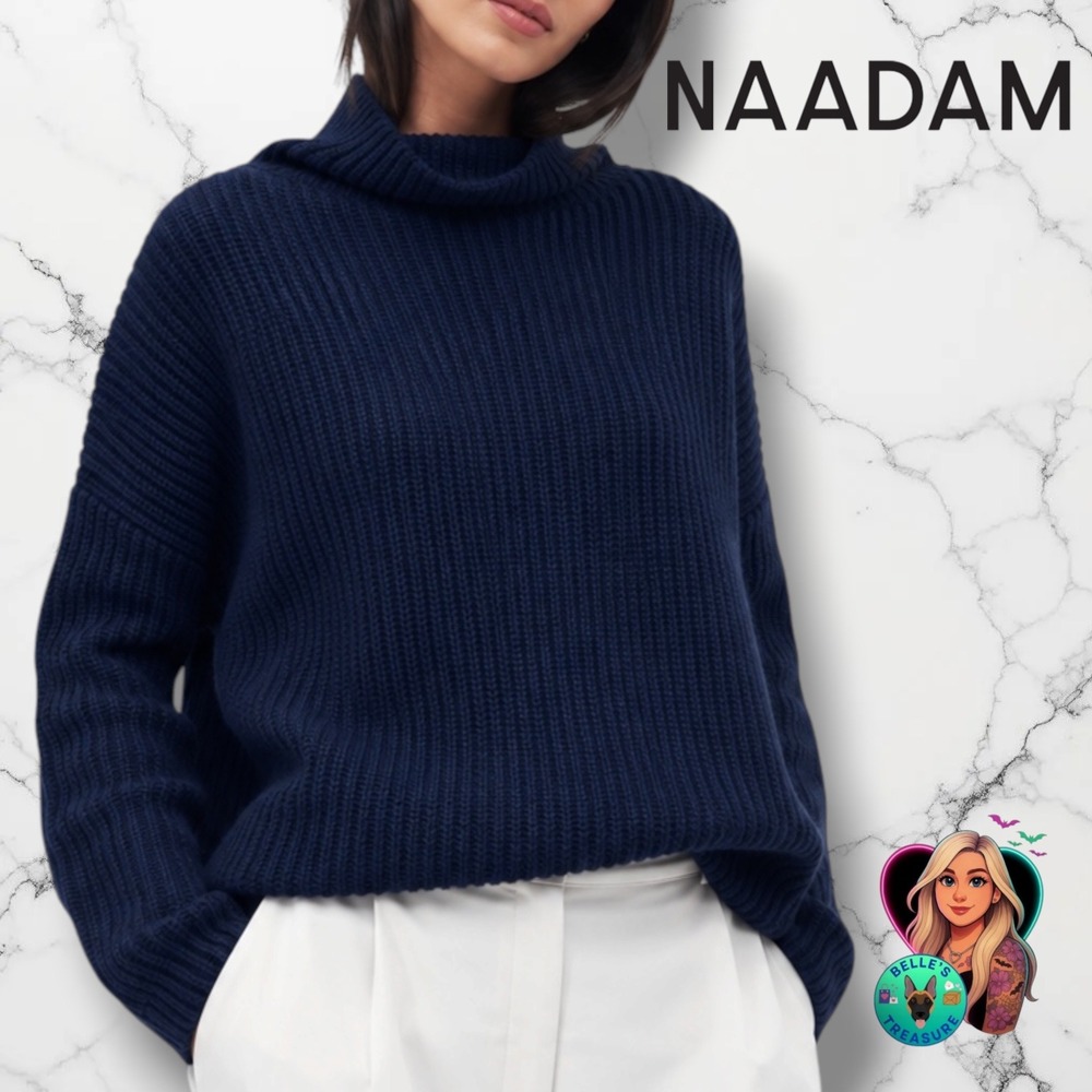 Naadam Navy Blue Wool Cashmere Ribbed Oversized Turtleneck Sweater Womens Small